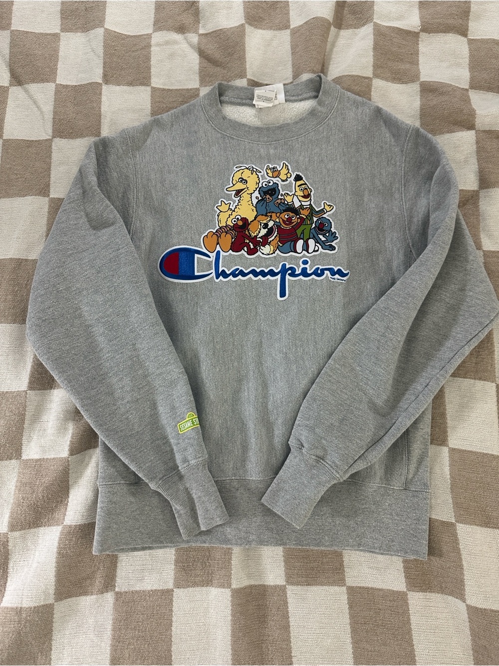 Champion Gray Crewneck Sweatshirt with Sesame Street Graphic reverse weave